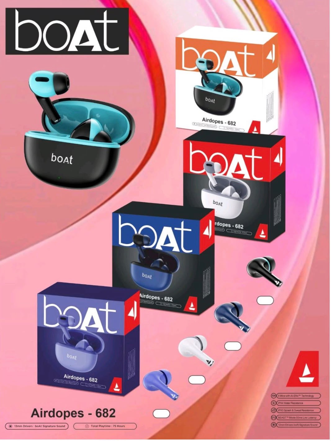 New Boat (Earbuds-682)super Quality shiny Extra Bass sound Hard box 1by1 lamination