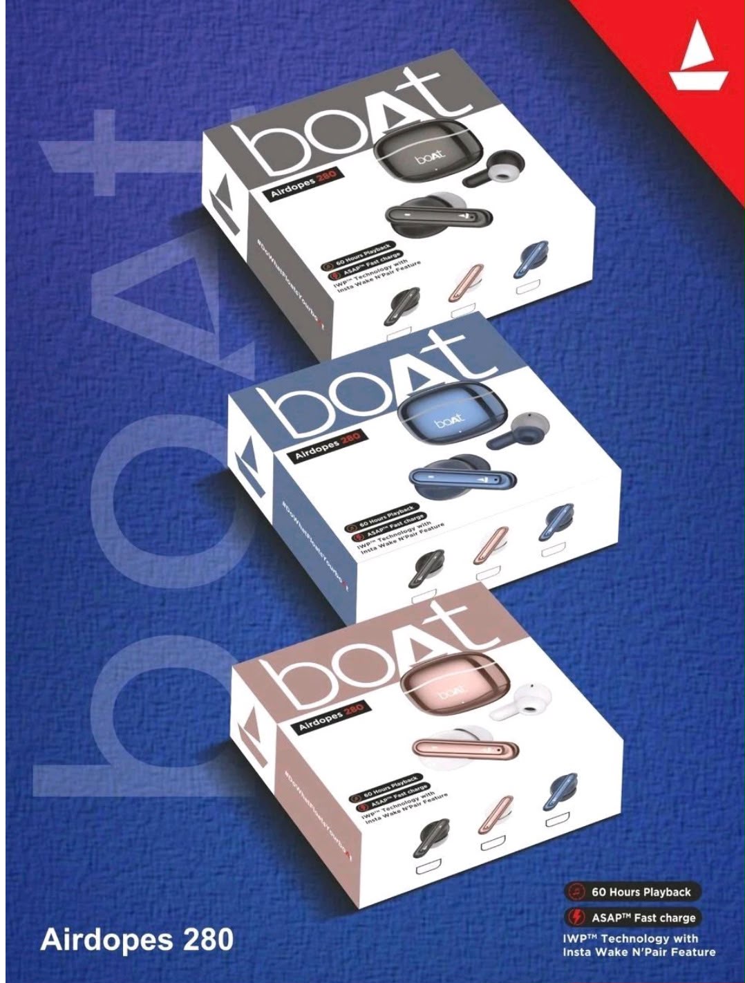 Boat airbuds (280)all shiny Extra Bass sound Quality Hard Box 1by1 lamination