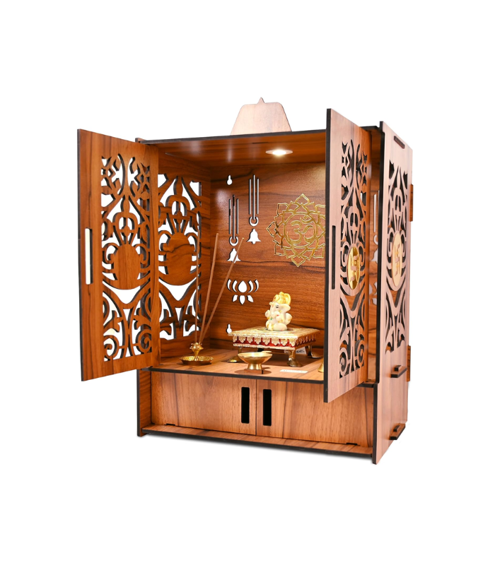 Rousrie Wooden Temple Mandir for Home with Door Cabinets | Beautiful Pooja Unit with Storage Space